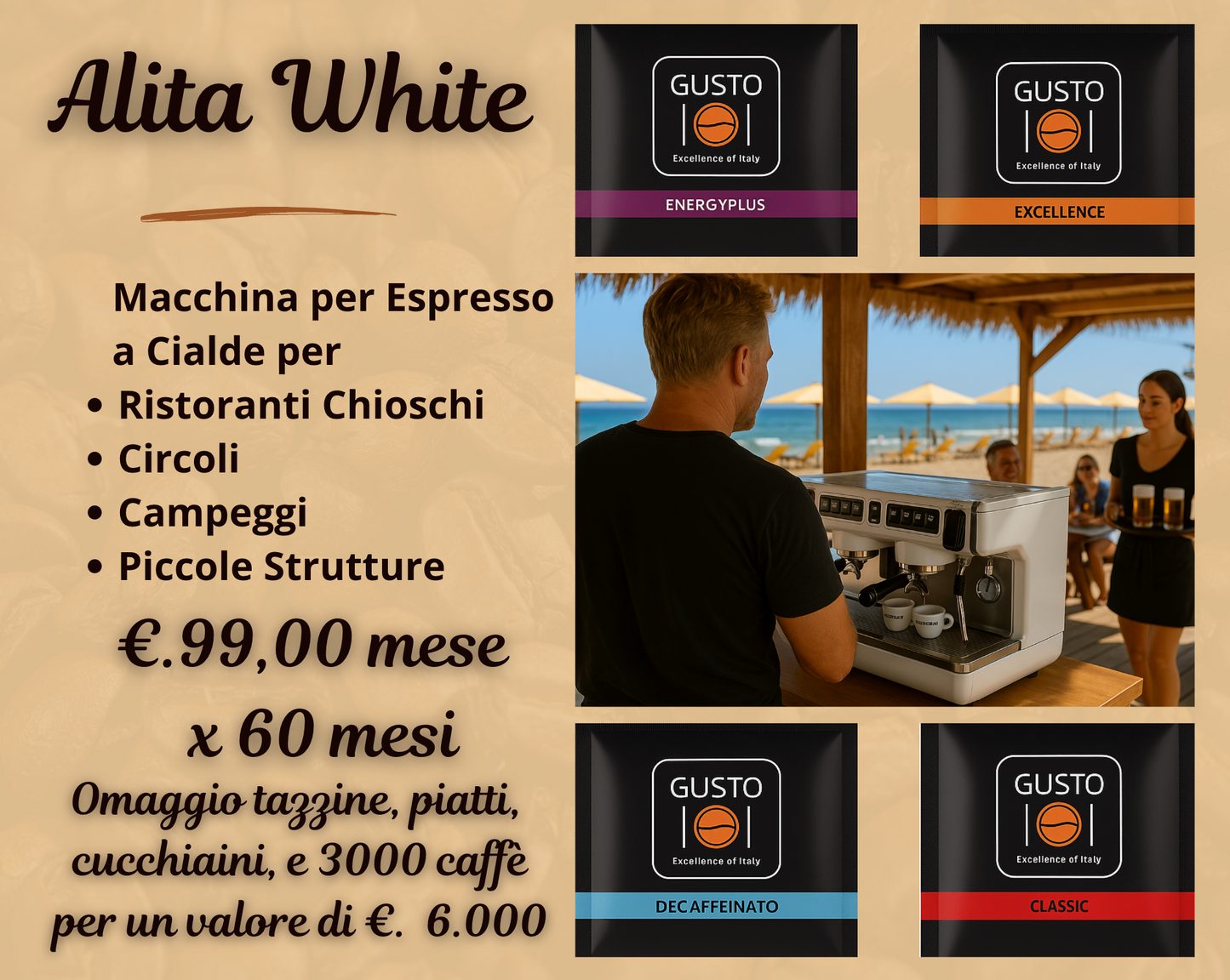 ALITA WHITE Macchina a Cialde Brevettate ESE 34mm + 3000 Caffè in Classe A