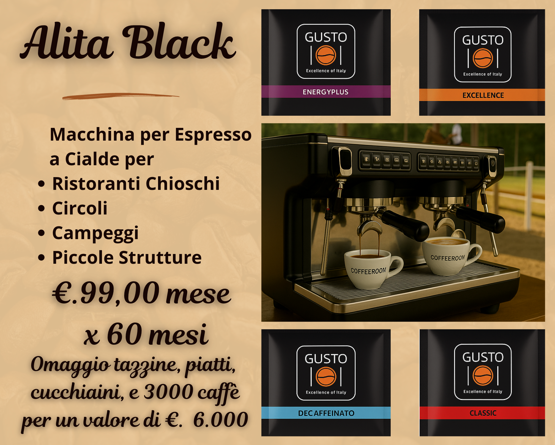 ALITA BLACK Macchina a Cialde Brevettate ESE 34 mm + 3000 Caffè in Classe A