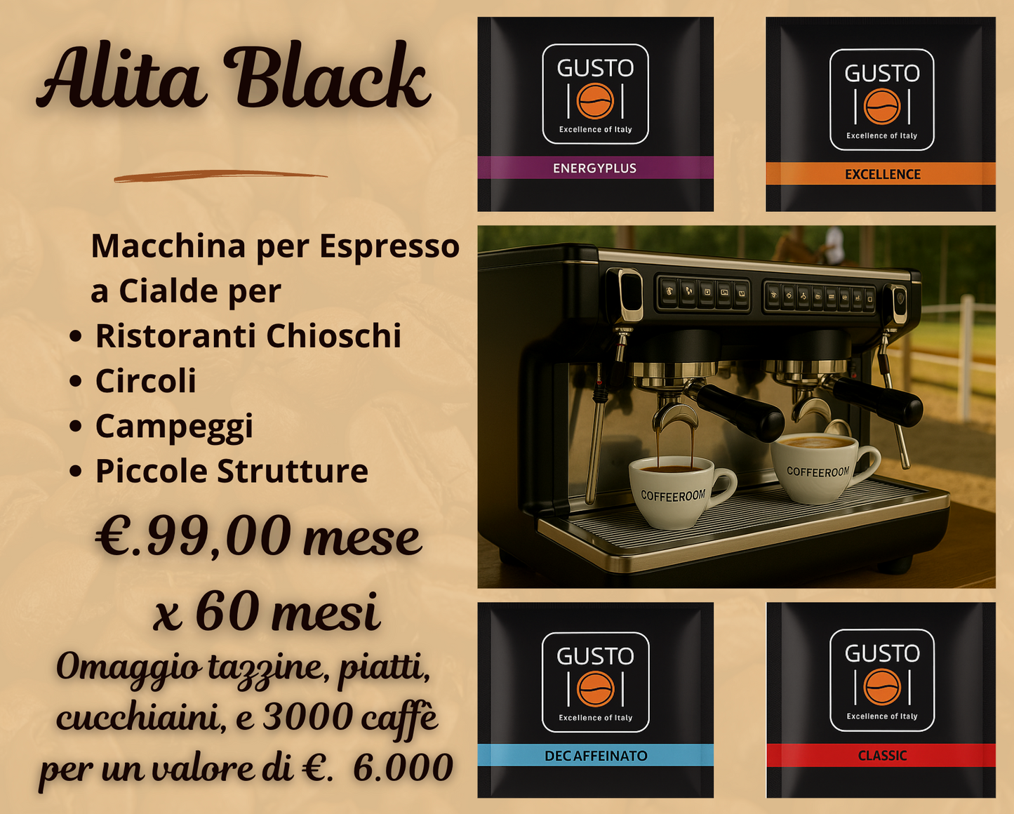 ALITA BLACK Macchina a Cialde Brevettate ESE 34 mm + 3000 Caffè in Classe A